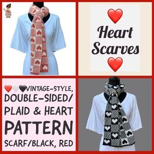 ❤️🤍🖤Vintage-Style, Double-Sided/
Plaid & Heart Pattern Scarf/Black, Red/OS